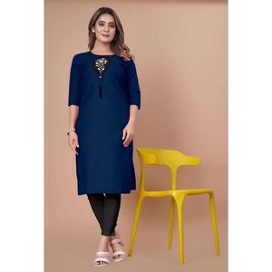 DISEÑADOR MEZCLA ALGODÓN BORDADO SECUENCIA TRABAJO LISTO PARA LLEVAR KURTI AZUL MARINO - Product Image 1