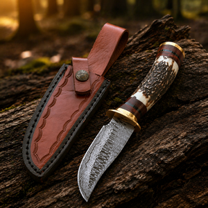 Couteau de camping miniature en acier Damas fait main avec manche en corne et étui en cuir - Lame biseautée - Cadeau pour la fête des pères - Product Image 6