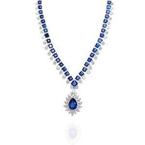 Collier élégant pour femme avec pendentif saphir, perles en cristal taille poire et taille radiant, chaîne en argent 925 et moissanite - Product Image 1