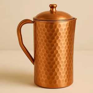 Lidded Pure Copper Water Jug Handcrafted Metal <b>Beverage</b> <b>Dispenser</b> Server Table Drinkware Pot - Product Image 4