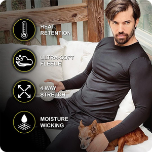 <b>Men's</b> Black Long Sleeve <b>Thermal</b> Underwear Set Breathable Spandex Cotton Elastic Waist O-Neck Full Length Compression Base Layer - Product Image 5