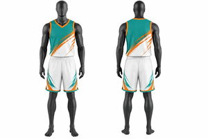 Ensemble de maillot de basket-ball pour homme, vert sarcelle et orange, débardeur sans manches à col en V avec short à taille élastique, vêtements de sport respirants - Product Image 1