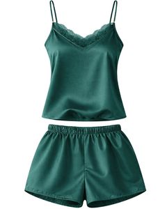 <b>Green</b> Satin Lace Cami Shorts Set Women Sleepwear Pajama Set Sexy Nightwear Summer Soft <b>Silk</b> Lounge Wear Two Piece Outfit - Product Image 1