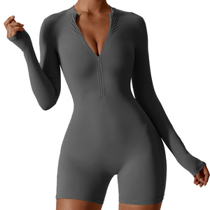 Al por mayor: Monos de yoga elásticos de una pieza para mujer, Ropa de gimnasio, Tops de yoga con cremallera de manga larga para mujer - Product Image 1