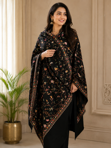 Women's Eco-Friendly Long Cashmere <b>Shawl</b> Black Embroidered Winter <b>Wrap</b> Scarf - Product Image 2