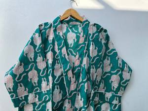 Bird Print Cotton Kimono Robe Bohemian Bridal Loungewear Dressing Gown - Product Image 4