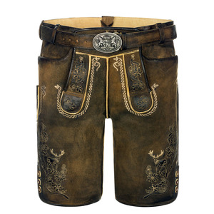 Lederhosen pour homme avec ceinture, gris pierre, en cuir vieilli, shorts brodés 3D, style bavarois pour l'Oktoberfest, sans bretelles - Product Image 3