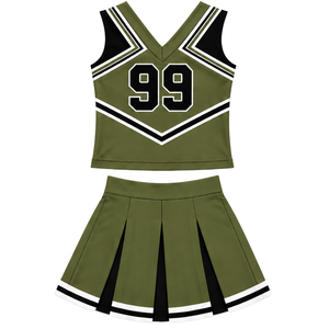 Ensemble d'uniforme de cheerleading vert olive, noir et blanc, avec crop top sans manches à col en V et jupe plissée, pour spectacle de danse et équipe de cheerleading - Product Image 2