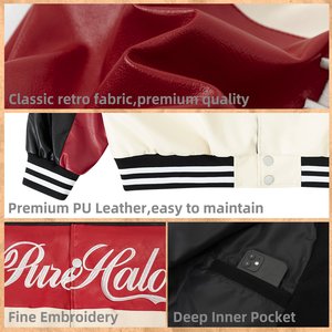 Blouson universitaire réversible en PU pour homme, motifs patchwork rouge, noir et blanc, col rabattable, streetwear automne, polyester 220g - Product Image 5