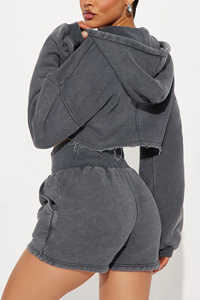 Women's Acid Wash <b>Distress</b> Crop <b>top</b> Hoodie Shorts Set Full Sleeve Zipper Gray Color Casual Tracksuit set summer set - Product Image 5
