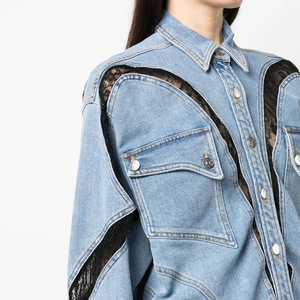 3D Split Shirt with <b>Spring</b> and Summer Lace Contrasting Color Large Silhouette Shirt Style Denim <b>Jacket</b> for <b>Women</b> - Product Image 4