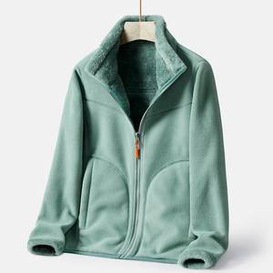 Chaqueta Unisex de Forro Polar Verde Menta, Cuello Alto, Cierre Completo, Color Sólido Informal, Forro de Sherpa, Corte Regular, Ropa de Abrigo para Otoño - Product Image 1
