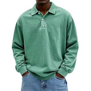 Polo vintage de haute qualité à manches longues, chemises polo à manches longues en coton délavé à l'acide, style rétro pour hommes - Product Image 4