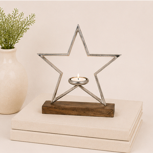 Handmade Decorative Metal Star Candle Holder On Solid Mango Wood Base Modern Silver Aluminum Star Tealight <b>Stand</b> For Rustic Home - Product Image 4