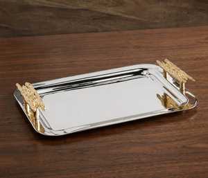 Luxury Stainless Steel Serving Tray Decorative <b>Silver</b> Tray with Gold Handles <b>Coffee</b> <b>Table</b> &for Home & Hotel - Product Image 1