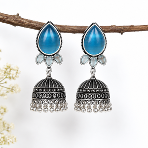 Bohemian Turquoise Blue Stone Jhumka <b>Earrings</b> Antique <b>Silver</b> Tone Tribal Dome <b>Dangle</b> <b>Earrings</b> Indian Fashion Jewelry Wholesale - Product Image 4