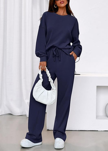 Ensemble 2 pièces en tricot bleu marine pour femme, sweat-shirt à col rond et pantalon large, coupe décontractée, pour toutes les saisons, à porter au quotidien - Product Image 6