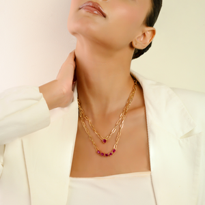18K Solid Gold Ruby <b>Statement</b> <b>Necklace</b> with Diamond Accents Rose Gold Plated Link Chain - Product Image 6