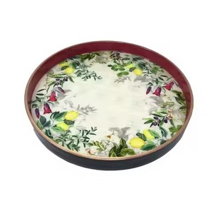 Platos de Servir Redondos con Diseño de Plantas Bohemias en Color Verde Azulado, Juego de Dos Bandejas de Servir con Estampado Esmaltado de Estilo Moderno - Product Image 2