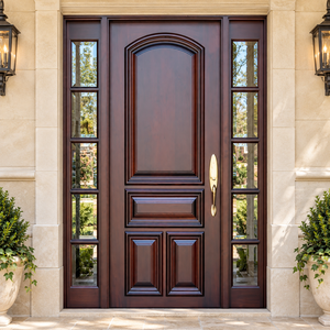 Puerta de Entrada de Madera Sólida GA-45S, Estilo Europeo, Diseño Curvo Exterior con Panel Lateral de Vidrio, Tamaño Personalizado - Product Image 1