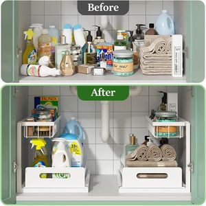 Paquete de 2 Organizadores de Gabinetes Extraíbles, Estante Deslizante de 2 Niveles para Fregadero, Estantes de Almacenamiento Blancos para Cocina y Baño - Product Image 4