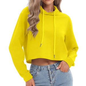 Sudadera con Capucha Corta Amarilla de Manga Larga, Color Sólido, Informal, Tejida, de Corte Holgado para Mujer, Ropa de Primavera - Product Image 6