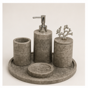 Ensemble d'accessoires de salle de bain en marbre gris naturel 5 pièces, organisateur de comptoir avec distributeur de savon, gobelet et plateau pour hôtels et maisons - Product Image 4