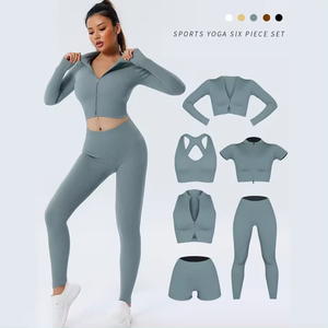 Ensemble de yoga côtelé pour femme en promotion : Soutien-gorge de sport et leggings taille haute unis à effet froncé, tenue d'entraînement sans couture et légère - Product Image 6