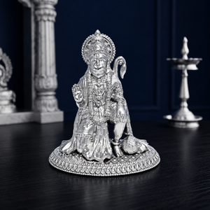 Idole de Hanuman assis plaqué argent 999 de Jaipur Metals |   100% Laiton |   7 x 5 x 8 cm |   157 g |   Pooja, Décoration & Cadeaux - Product Image 1