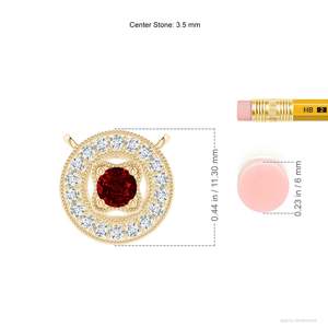 Pendentif halo en rubis rouge naturel de 2,5 mm de coupe ronde, style vintage pur 14 carats, avec détails en milgrain en diamant véritable de 0,06 carat - Product Image 2