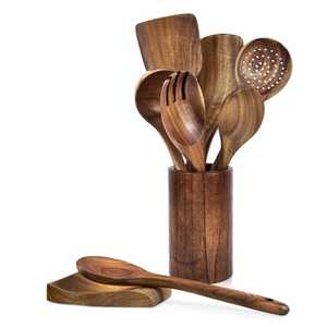 Ensemble d'ustensiles en bois teinté moderne, 10 pièces, cuillères de cuisine artisanales en bois de hêtre avec des poignées minimalistes grises élégantes - Product Image 5