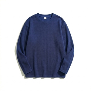 T-shirt tricoté côtelé à col rond et manches longues pour homme, grande taille, couleur unie, en coton élasthanne respirant, haut décontracté - Product Image 5