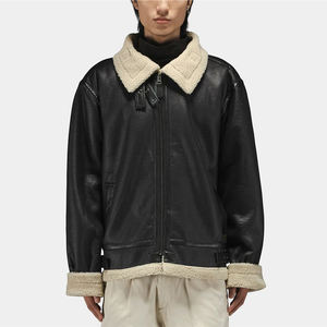 Veste en cuir véritable noire pour homme, col rabattu, doublure en sherpa, fermeture éclair, coupe-vent, vêtements d'hiver, style moto - Product Image 1