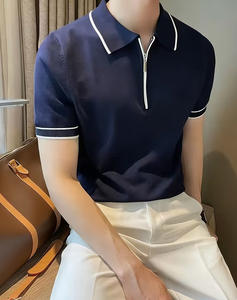 Men's Short Sleeve Solid Color Knitted Polo Shirt Zipper Design Smart Casual Regular Fit Navy Blue with White Trim - Product Image 1
