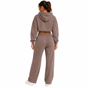Ensemble sweat-shirt à capuche 2 pièces marron pour femme, coupe ample, manches longues, décontracté, en molleton de coton uni, avec poche - Product Image 2