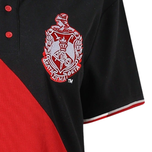 Camiseta Polo Personalizada DST Sorority para Mujer, Diseño de Bloques de Color Diagonales en Negro y Rojo, Escudo Bordado - Product Image 4