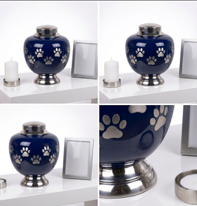 Luxury Royal Blue Handcrafted <b>Pet</b> Cremation Urn Large Metal Paw Print Funeral Vase for Dogs Cat <b>Ashes</b> Secure Threaded Lid Urns - Product Image 3