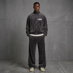Hot-Selling Men's Velvet <b>Tracksuit</b> <b>Velour</b> 100% Polyester Stripe Loose Zip Sweatsuit with Embroidery Sport Jogger Sets for Winter - Product Image 1