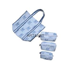 White Bohemian Floral Print Quilted Tote Bag Cosmetic Pouch Set Zipper Closure Handmade Cotton Beach Travel Makeup Organizer - Product Image 3