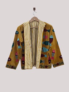 Chaqueta de terciopelo bordada a mano con cuello mandarín, manga larga, estampado animal, talla grande, abrigo de otoño para mujer - Product Image 2
