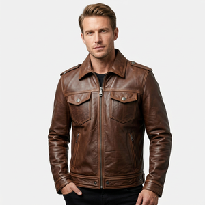 Veste en cuir marron pour homme, style motard, col rabattu, fermeture éclair, pour l'automne - Product Image 2
