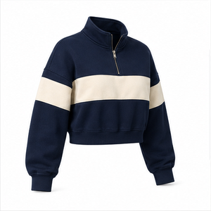 เสื้อสเวตเชิ้ตครอปทรงบ็อกซี่สำหรับผู้หญิง สีเทาชาร์โคล แบบซิปครึ่งตัว ผ้าคอตตอนลูปแบ็ค รุ่น WHZCROP-0003 ปรับแต่งได้ - Product Image 2
