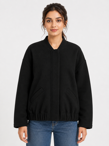Premium <b>Women's</b> <b>Black</b> Bomber Jacket Soft Cotton Fleece Casual Outerwear Minimalist Front Placket Design Hidden Snap Button - Product Image 1