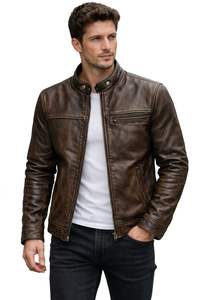 Veste Cafe Racer en cuir d'agneau véritable pour homme – Finition artisanale marron antique - Product Image 4