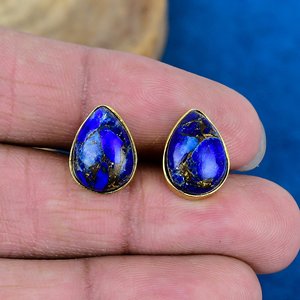 Handmade Lapis Lazuli Pear Shape Gemstone <b>Stud</b> Earrings 18k Gold Micron Over 925 <b>Sterling</b> <b>Silver</b> - Product Image 1