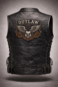 Gilet de motard en cuir véritable écologique pour homme, avec patch tête de mort brodé, design au dos, style moto, garniture en fourrure, vêtement d'extérieur d'automne - Product Image 4