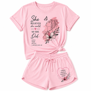 Ensemble décontracté d'été pour femme : T-shirt blanc en coton imprimé et short tricoté respirant à manches courtes avec motif lettres inspirantes - Product Image 1