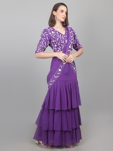 Hermoso sari de fiesta para mujer, estilo diseñador, listo para usar, con volantes, lentejuelas y adornos de cuentas. - Product Image 2