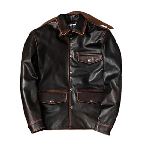 Nouvelle couche supérieure thé noyau cheval cuir répartiteur veste classique rétro hommes en cuir revers bouton vers le bas veste moto veste - Product Image 1