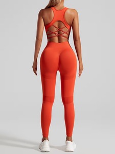 Seamless Two Piece Gym Outfit Criss Cross <b>Open</b> Back Support <b>Bra</b> with Tummy Control Ribbed Waist Athletic Tights Yoga Suit - Product Image 4